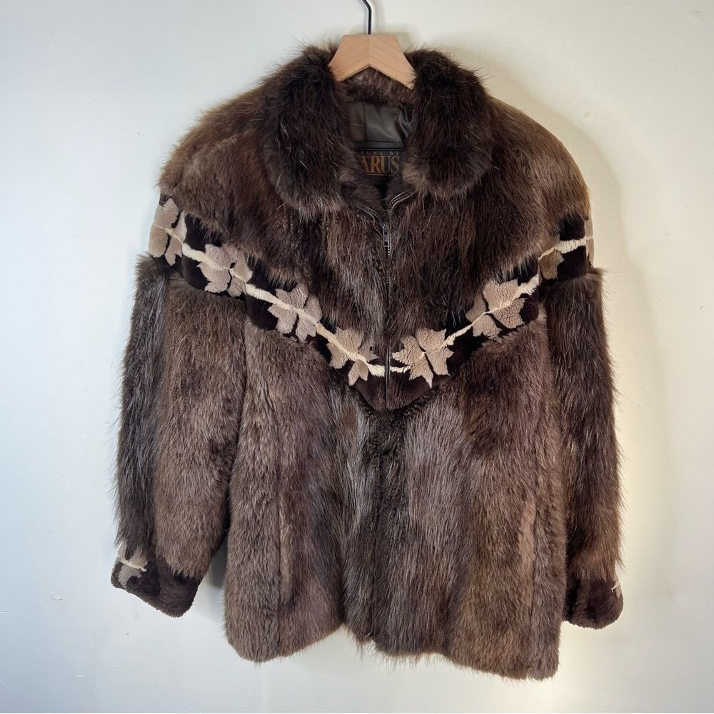 Brown Beaver Fur Teddy Jacket with Western Pattern Evans Furs at Lazarus Coat
